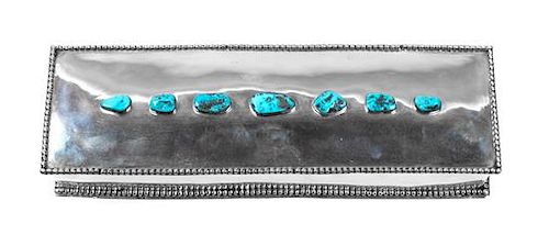 Southwestern Silver and Turquoise Box Height 2 1/2 x width 13 1/4 x depth 4 inches