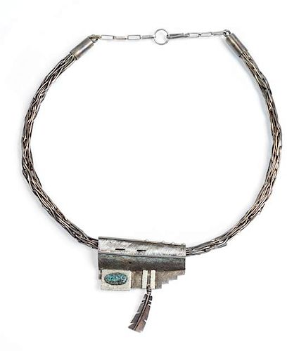 Raymond Sequaptewa (Hopi, b. 1948) Silver and Turquoise Necklace Length 17 inches