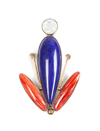 Mike Bird Romero (b. 1946) Silver, 18 Karat Yellow Gold and Multi-Gem Brooch Height 2 3/4 inches