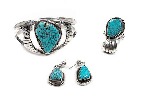Navajo Silver and Turquoise Demi Parure Length of bracelet 5 1/2 x opening 1 x width 1 3/8 inches