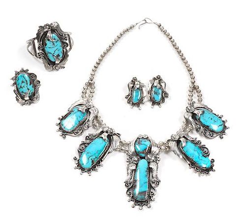 Navajo Four Piece Silver and Turquoise Jewelry Set Length of necklace 20 inches