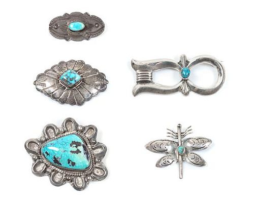 Five Southwestern Silver and Turquoise Brooches Length of longest 2 1/2 inches
