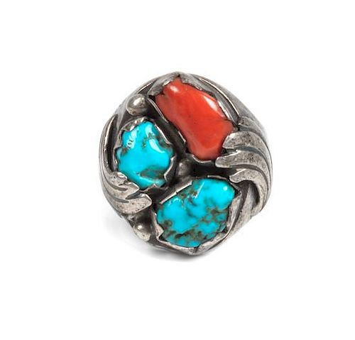 Southwestern Silver, Turquoise and Coral Ring
