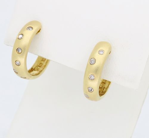 14K Brushed Yellow Gold Diamond Hoop Earrings