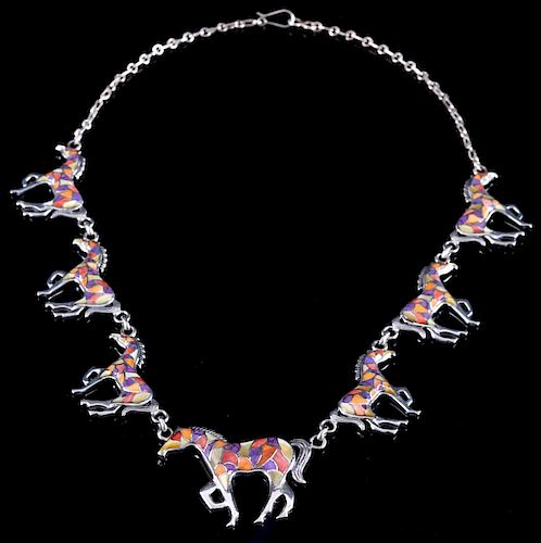 Signed Zuni Sterling Inlaid Mosaic Horse Necklace