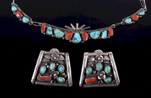 Navajo Turquoise & Coral Old Pawn Jewelry Set