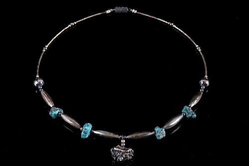 Navajo Old Pawn Silver & Turquoise Nugget Necklace