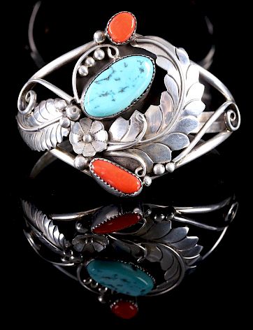 Signed Navajo Floral Sterling & Multistone Cuff