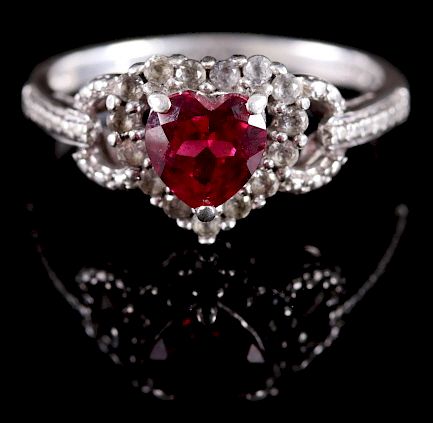 Sterling Silver, Heart Cut Ruby, & Diamond Ring