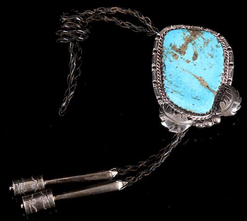 HUGE Turquoise Nugget & Sterling Bolo Tie RARE