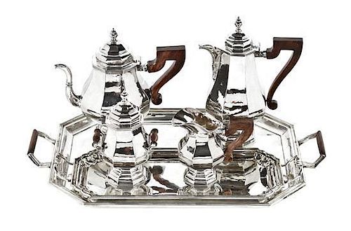 An Italian Silver Four-Piece Tea and Coffee Set and Matching Tray, Buccellati, 20th Century, Length of tray over handles 23 1/4