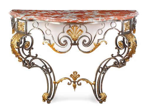 A Neoclassical Style Gilt Metal Mounted Steel Console Table Height 38 1/2 x width 53 x depth 20 1/2 inches.