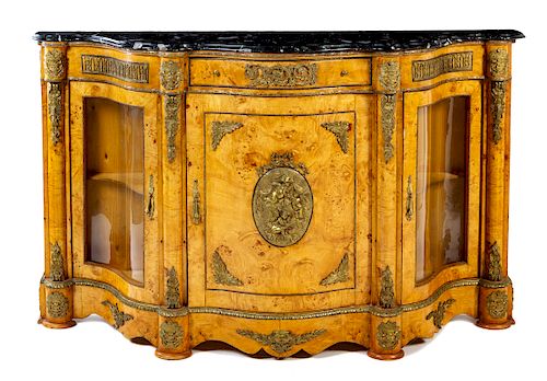 A Napoleon III Style Gilt Metal Mounted Burlwood Cabinet Height 41 3/4 x width 69 1/4 x depth 19 3/4 inches.