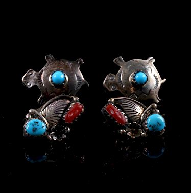 Navajo Turquoise Coral and Sterling Earrings