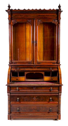 A Victorian Burl Walnut Secretary Bookcase Height 91 x width 44 1/4 x depth 23 inches.