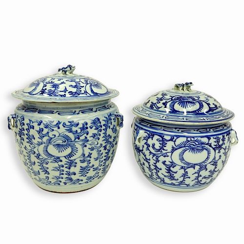 2 Chinese Blue & White Porcelain Covered Jars