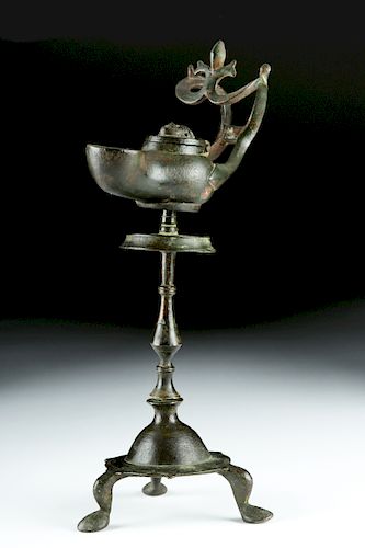 Late Roman Bronze Oil Lamp on Bronze Tripod Stand