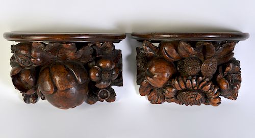 Pr. Carved Dark Wood Brackets with Fruit & Acorns