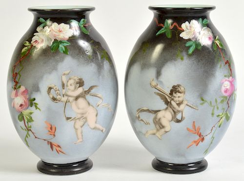 Pr. Rare Porcelain Signed Baccarat Vases