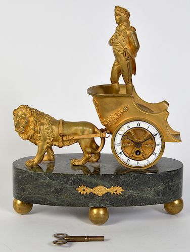 19 C. Gilt Bronze Lion & Chariot Clock/ Marble