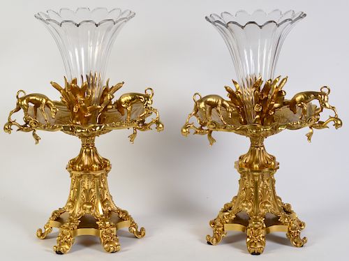 Pr. Glass Trumpet Vases on Gilt Bronze Bases