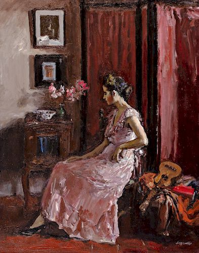 Alfred Sisquella, Interior with the artist's wife, Oil on c Alfred Sisquella, Interior con la esposa del artista, Óleo 