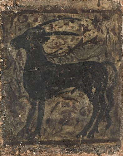 "Deer", "socarrat" tile in polychrome terracotta of Paterna "Ciervo", azulejo "socarrat" en terracota policromada de Pa