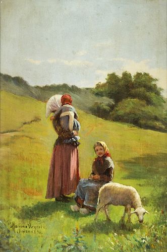 Mariano Vayreda Vila, Shepherdesses, Oil on wood Marian Vayreda i Vila, Pastoras , Óleo sobre tabla