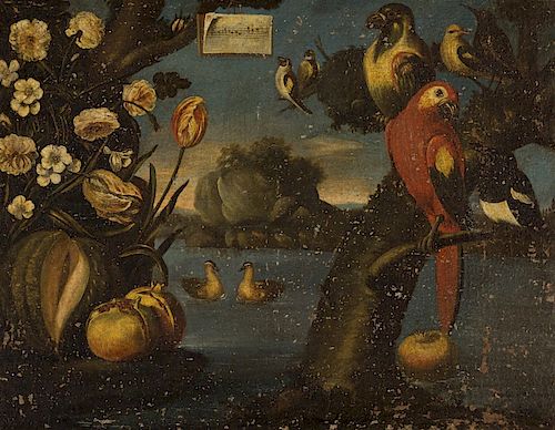 Birds concert, Oil on canvas Escuela valenciana del siglo XVII. Seguidor de Tomás Yepes,