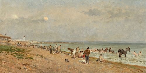 Antoni Ribas Oliver, Seaside view, Oil on canvas Antoni Ribas Oliver, Vista costera, Óleo sobre lienzo
