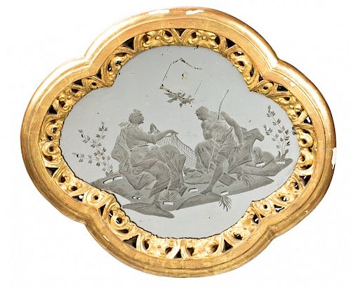 "Allegorical scene with bird hunters", engraved mirror by L "Escena alegórica con cazadores de pájaros", espejo de La G