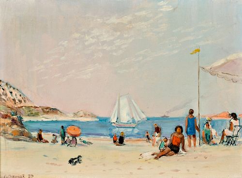 Rafael Benet Vancells, View of Tossa de Mar, Oil on canvas Rafael Benet Vancells, Playa, Óleo sobre lienzo