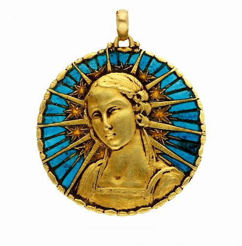 Gold and enamel devotional medal, circa 1930 Medalla devocional en oro y esmalte, de la primera mitad de