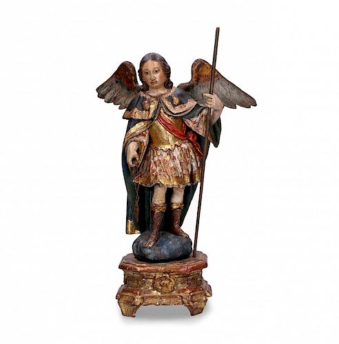 Saint Raphael the Archangel, Carved, polychrome and gilt wo Escuela hispano-colonial del siglo XVIII, San Rafael Arcáng