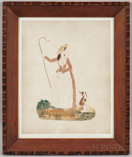 American School, 19th Century  Portrait of a Shepherdess with Her Crook and Dog