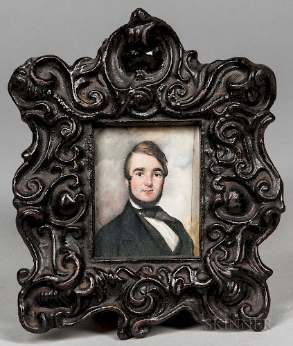 American School, 19th Century  Miniature Portrait of a Man in a Black Jacket