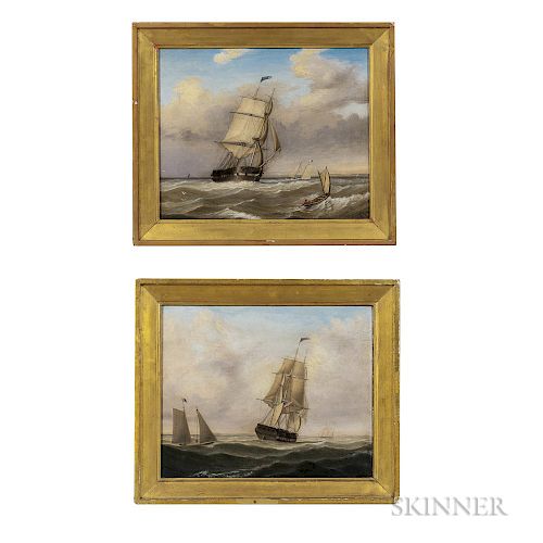 Fitz Henry Lane (Massachusetts, 1804-1865)  Pair of Pendant Portraits of a Pilot Boat Alongside a Large Frigate
