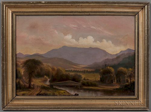 Charles Louis Heyde (Vermont, 1822-1892)  Covered Bridge with Mount Mansfield, Vermont, in the Background