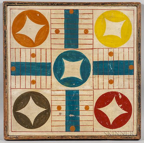 Polychrome Decorated Parcheesi Game Board
