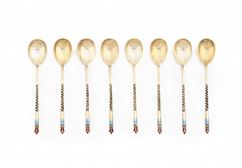 Eight Russian spoons in "cloisonné" enemelled silver, late  Ocho cucharas rusas en plata esmaltadas en "cloisonné", de 