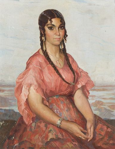 Julio Moisés, A girl, Oil on canvas stuck to cardboard Julio Moisés, Una joven, Óleo sobre lienzo pegado a tabla