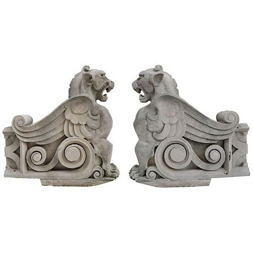 A Pair of Limestone Griffins from a Bank in Kansas City 45.5" W x 14" D x 46.5" H