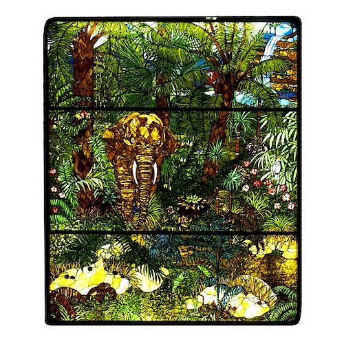 A Mark Bogenrief "Jungle" Stained Glass Window 115.5" W x 140" H