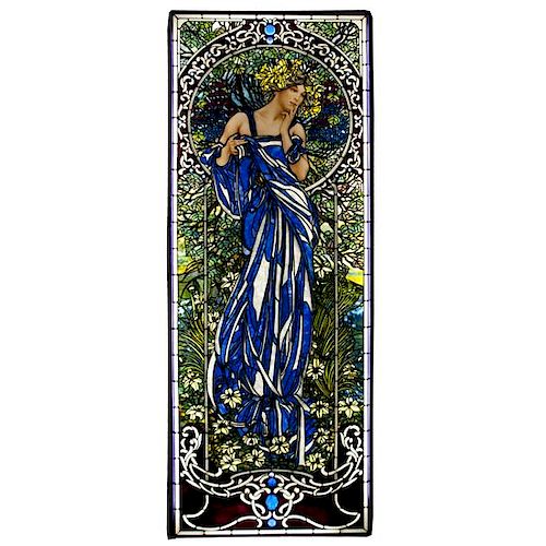 A Mark Bogenrief "Contemplating Lady" Stained Glass Window 43.75" W x 104.75" H