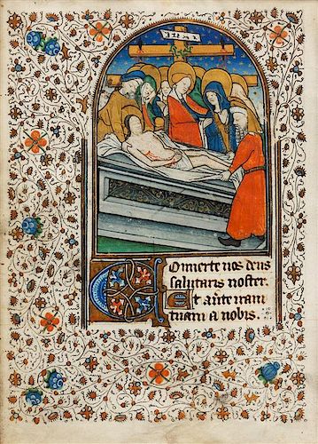 THE ENTOMBMENT OF CHRIST, miniature on a leaf from a Book of Hours, ILLUMINATED MANUSCRIPT ON VELLUM [French, 15th century].