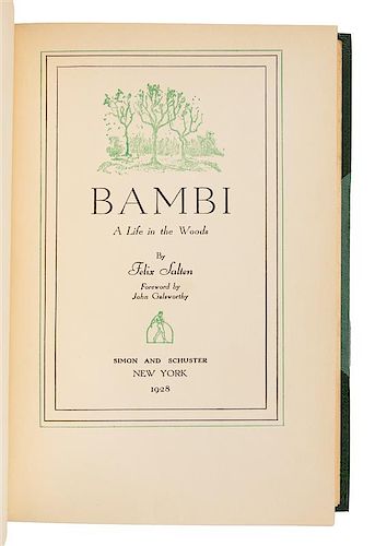 SALTEN, Felix (1869-1945). Bambi: A Life in the Woods. New York: Simon and Schuster, 1928.