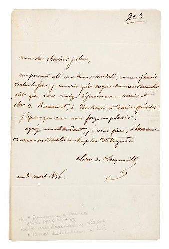 TOCQUEVILLE, Alexis de (1805-1809). Autograph letter signed ("Alexis de Tocqueville"), in French, to Mr. Julius. 8 May 1836.