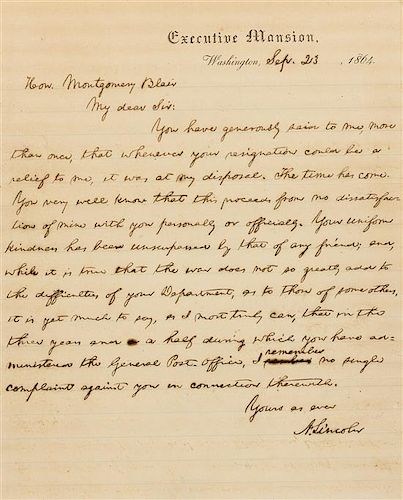 LINCOLN, Abraham (1809-1865). Autograph letter signed ("A. Lincoln"), as President, to Montgomery Blair. Washington, D. C., Sept