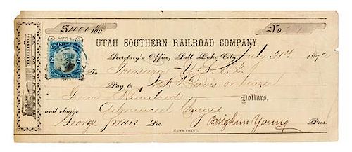YOUNG, Brigham (1801-1877). Printed check signed ("Brigham Young"), and counter-signed by George Swan, Salt Lake City, Nevada, 3