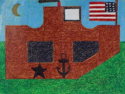 Eddie Arning (1898-1993) "Ship with Flag on Green Sea", c. 1965